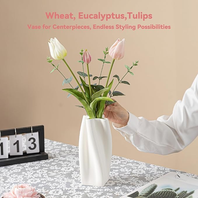 White Ceramic Vase 8.9" Matte Finish - Unique Ruffled Vase for Home Decor, Living Room, Office, Centerpieces - Gift for Self & Friends, Boho Farmhouse Decor