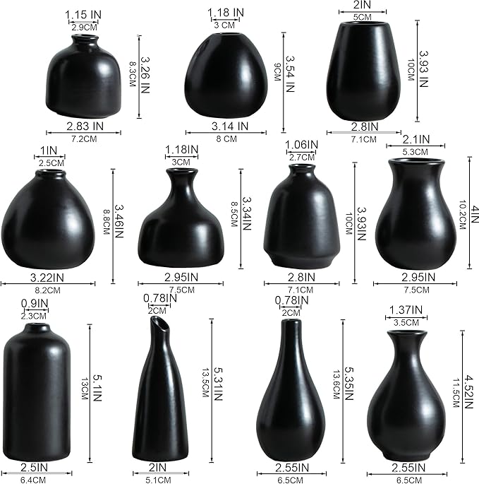 Tanvecle Black Ceramic Bud Vase Set of 11, Small Vases for Pampas Grass, Flowers, Mini Vases for Modern Home Decor, Minimalist Decor, for Living Room, Dining Table & Shelves