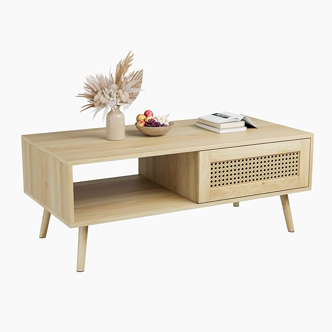 IDEALHOUSE Rattan Coffee Table with Storage, Farmhouse Boho Center Sofa Table with Sliding Door and Open Shelf for Living Room, Bedroom