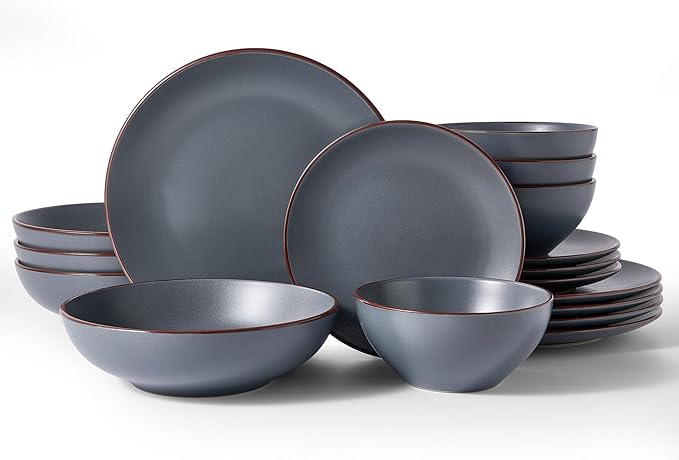 Famiware Venus Speckled Dinnerware Set with Pasta Bowls for 4 (16 Pieces), Stoneware Plates and Double Bowls, Matte Charcoal - Microwave & Dishwasher Safe Dishes with Trim for Everyday & Formal Use
