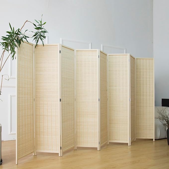 Furnnylane 8 Panel Bamboo Room Divider - 5.6 ft Tall Folding Privacy Screen, Natural Beige Freestanding Partition Wall (67" x 122.8", 8-Panel)