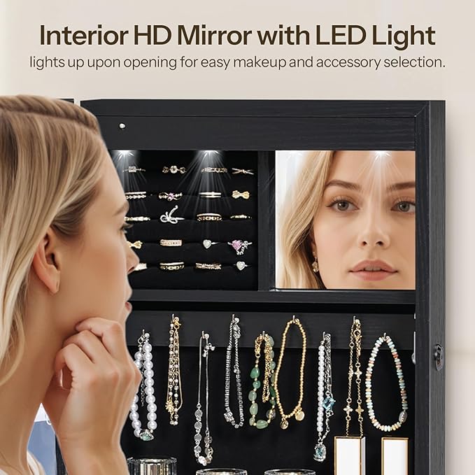 HOOBRO Wall Mounted Jewelry Cabinet, LED Jewelry Armoire with Interior Mirror, Hanging Jewelry Organizer for Wall, Lockable Jewelry Storage Cabinet, 3.9 x 11.8 x 20.9 Inches, Black