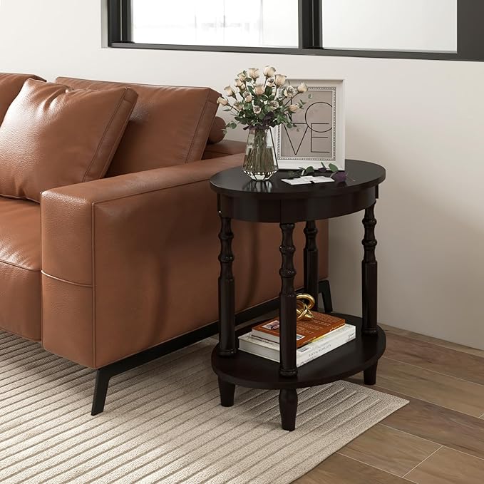 Giantex Oval End Tables Set of 2, 2-Tier Side Tables with Storage Shelf & Solid Wood Legs, Modern Living Room Accent Table, Wood Nightstand for Bedroom, Small Space, 20.5"L x 15.5"D x 24.5"H, Espresso