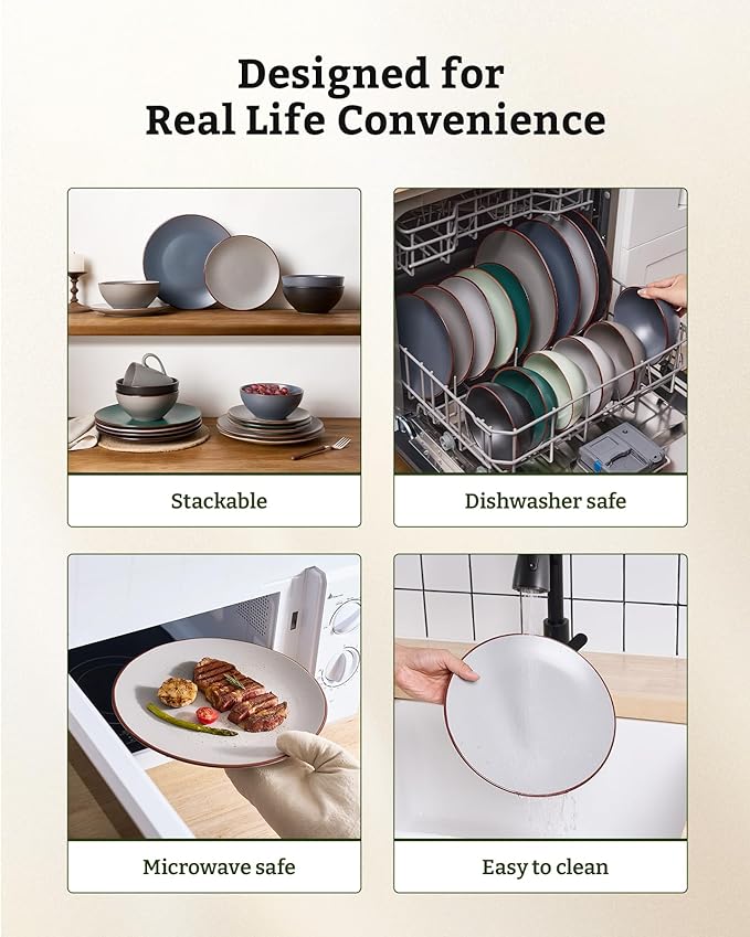 Famiware Venus Speckled Dinnerware Set, 24-Piece Stoneware Dishes for 6, Matte Light Gray - Includes Pasta Bowls & Dinner Plates for Everyday Meals or Formal Dining, Microwave & Dishwasher Safe