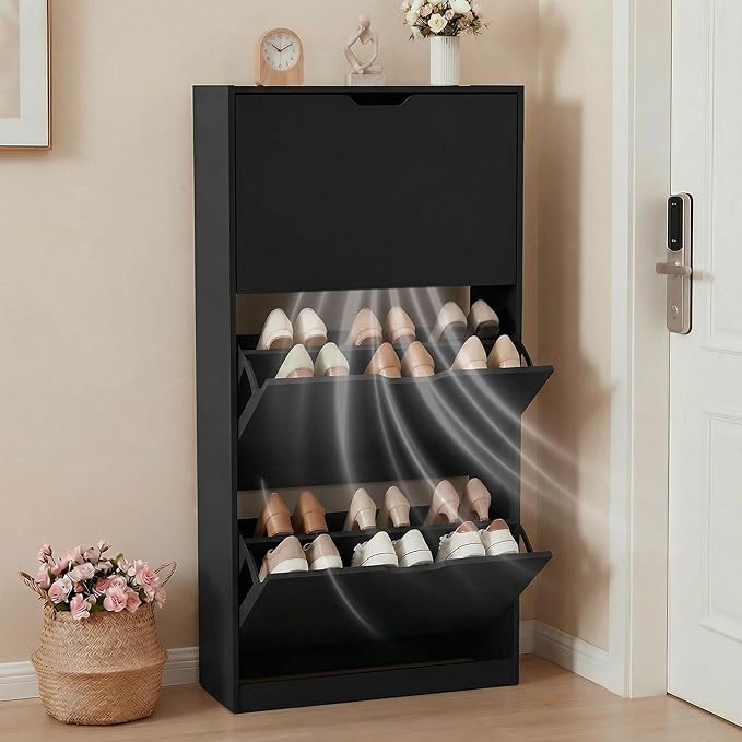 Shoe Cabinet with 3 Flip Drawers, Hidden Wood Shoe Cabinet，Narrow Shoe Rack Cabinet，Freestanding Organizer Storage for Hallway or Hallway, Black