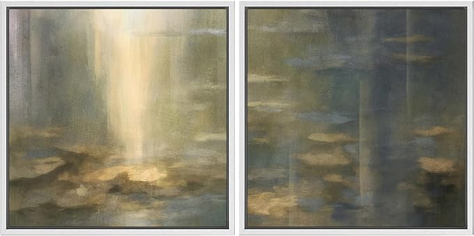 SIGNFORD Framed Canvas Print Wall Art Set Golden Light Reflection Abstract Moody Illustrations Modern Art Minimal Relax/Calm for Living Room, Bedroom, Office - 16"x16"x2 White