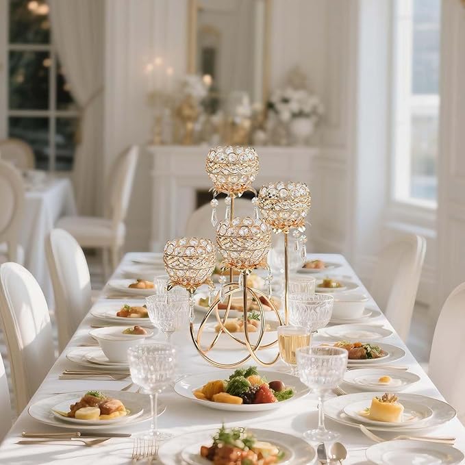 4 Arms Crystal Candelabra Tealight Holder - Tall 15.7 Inch Elegant Centerpiece with Crystal Pendant Bowls & Artistic Metal Stand for Wedding, Dining Table, Home Decor (4, Gold)