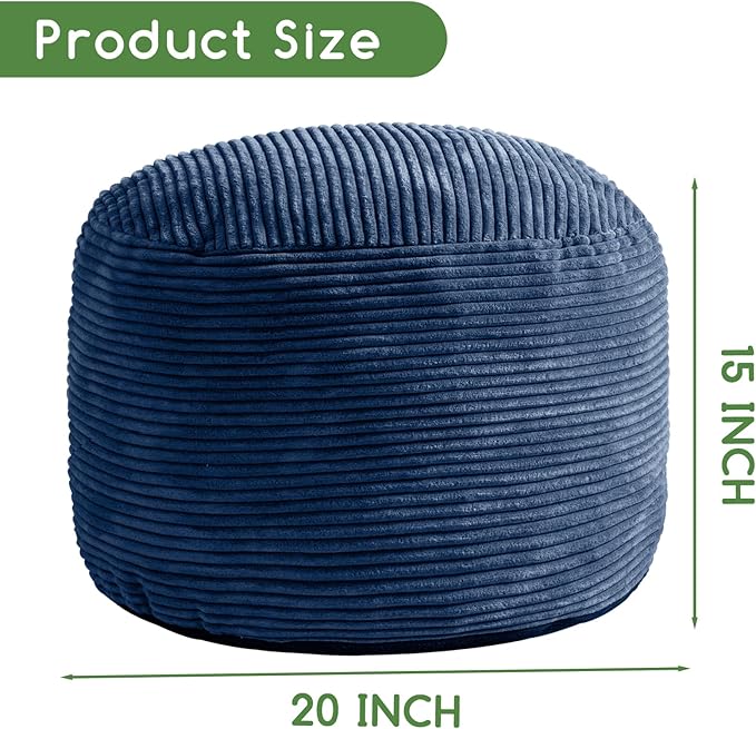 HIGOGOGO Round Stuffed Pouf Ottoman, Corduroy Poufs with Foam Chunk Filling, Furry and Fluffy Pouf Foot Stool Storage Ottoman, 20 X 15 Floor Poufs Foot Rest for Living Room, Bluestone
