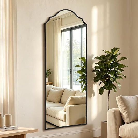 Besdomus Scalloped Full Length Mirror: 21"x56" Black Arched Floor Mirror - Minimalist Modern Wooden Frame Long Body Standing for Wall/Bedroom/Cloakroom/Entryway/Living Room - Home Decor for Housewife