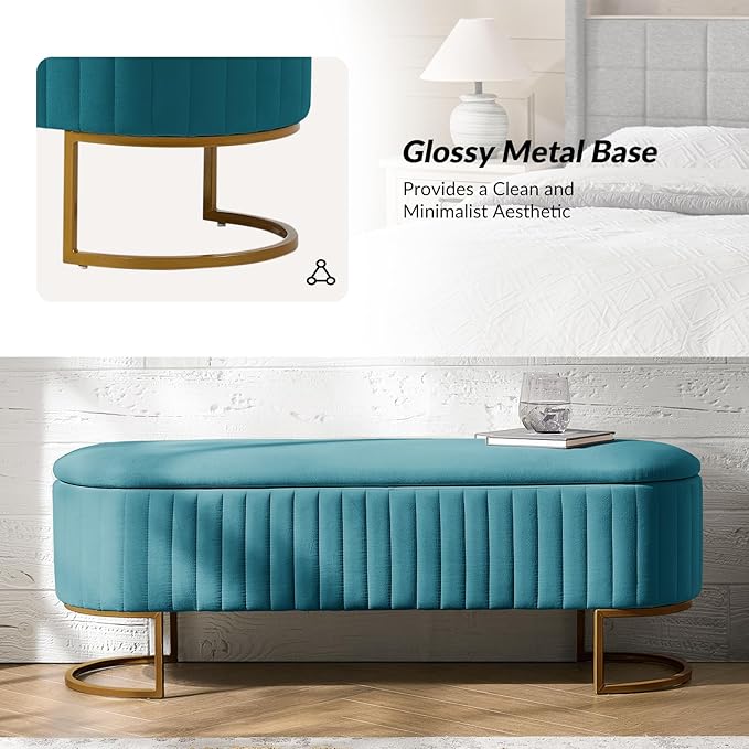 50.5” Velvet Storage Ottoman Bench with Gold-Toned Legs, Luxury Upholstered End of Bed Multi-Functional Footrest & Seat for Bedroom & Entryway