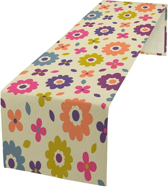Retro Florals Table Runner Vintage Gardern Flowers Hippie Groovy Seasonal Spring Farmhouse Country Dinner Runner for Home Kitchen Dining Table Party Holiday Decor 13"x120"