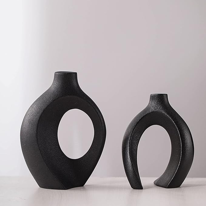 Liotww Black Vases Home Decor Set of 2, Ceramic Black Small Flower Vase, Minimalist Boho Decorative Modern Donut Vase for Farmhouse Living Dining Room Office Entryway Bookshelf Coffee Table Décor