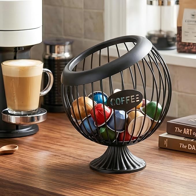 SpaceTime Coffee Pod Holder with Slanted Wide-Open Design,Large Capacity Metal Iron Coffee Capsule Organizer for Countertop,Coffee Pod Basket for Standard Coffee Pods Fruit Snack Storage (Black)
