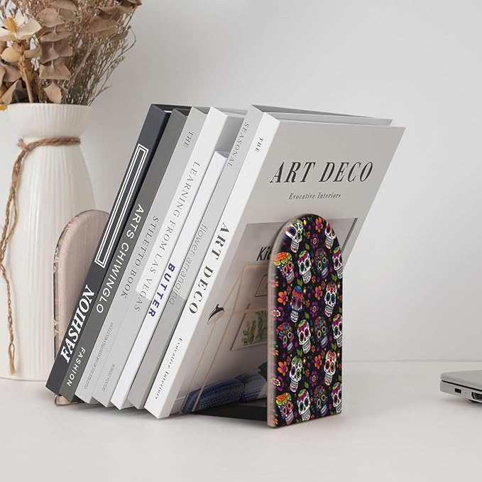Sugar Skulls Flowers Colorful L-Shaped Book Ends 1 Pair Wood Bookends Book End Supports for Heavy Book Shelf Holder Home Decorative