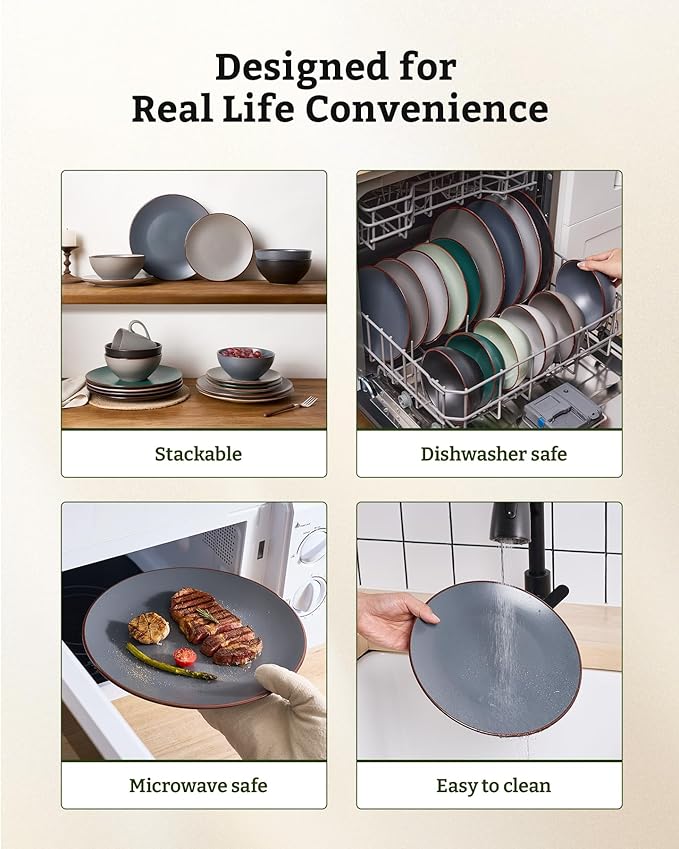 Famiware Venus Plates and Bowls Sets, 18 Pieces Stoneware Speckled Dishes Dinnerware Set for 6, Matte Charcoal - Microwave & Dishwasher Safe, Modern Minimalist, for Everyday Meals & Formal Dining