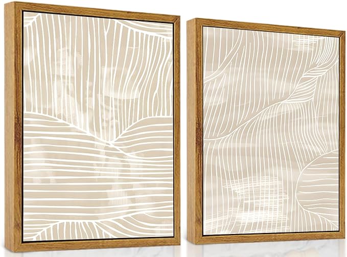 ARTZIO Framed Canvas Wall Art–Abstract Mid‑Century Minimalist Boho Vintage Set of 2 Beige Prints,Ready to Hang for Living Room,Bedroom, Bathroom & Office–12×16″