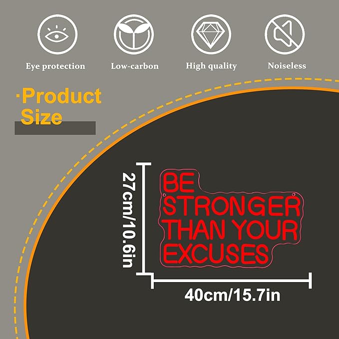 Allball Be Stronger Than Your Excuses Neon Sign, Gym Neon Light Motivational Sign USB Powered LED Dimmable, for Gym Office Classroom Bedroom Bar Gymnastic Athletes Sign(15.7 * 10.6 In)