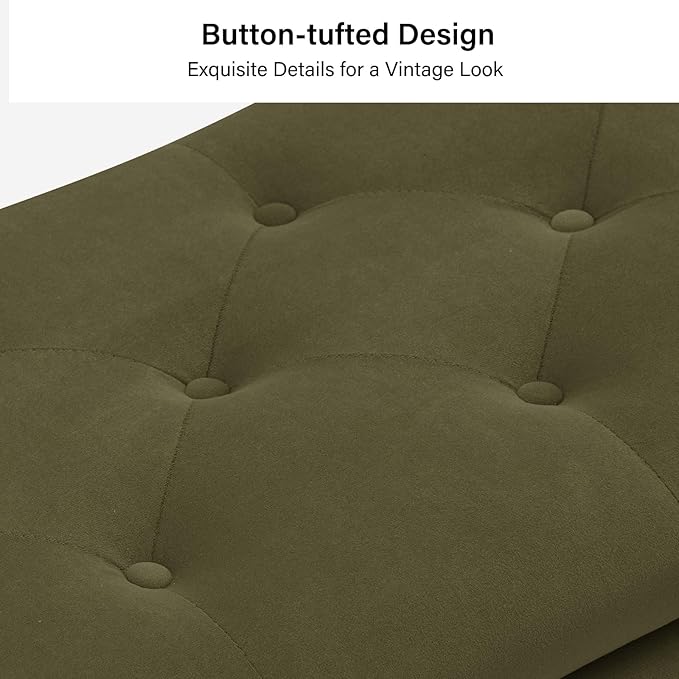 HULALA HOME Modern Velvet Storage Ottoman Bench with Gold Base & Nailhead Trim, Upholstered Bedroom Bench for End of Bed, Button-Tufted Footstool for Entryway Living Room Dining Room, Moss