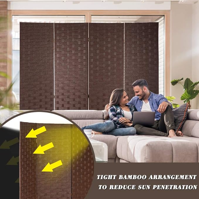 FDW Room Divider Wood Screen Mesh Woven Design Room Divider Folding Portable Partition Screen for Home Office (4 Panel, Brown)
