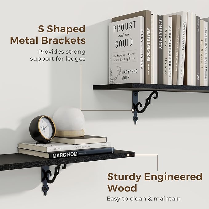 RICHFOCUS Floating Shelves for Wall Decor, 47.3W x 8D Shelves Set of 2, 8 Inch Deep Rustic Wood Shelves Wall Mounted with Brackets, Long Floating Shelves for Living Room Bedroom Kitchen, Black