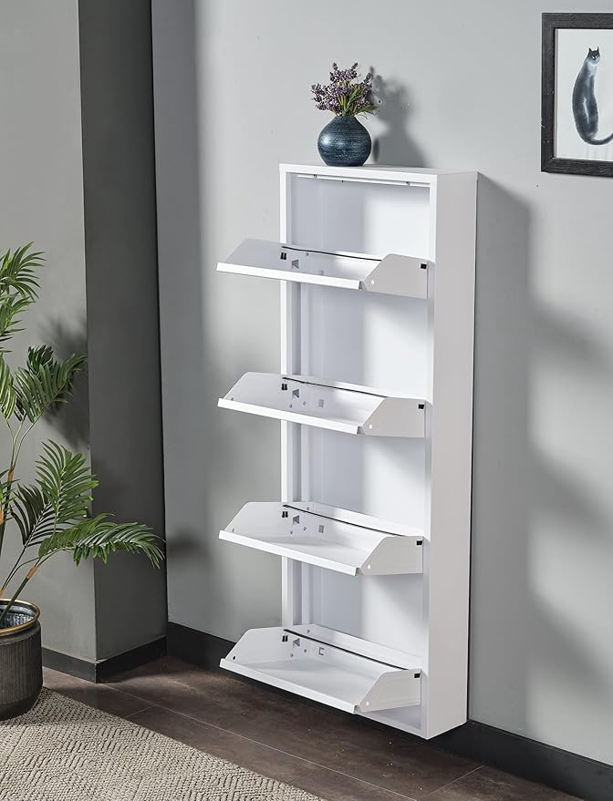 Flip Drawer Shoe Cabinet, Storage Organizer, Freestanding Shoe Rack, Wall Mounted No-Assembly (White, 4 Drawer)