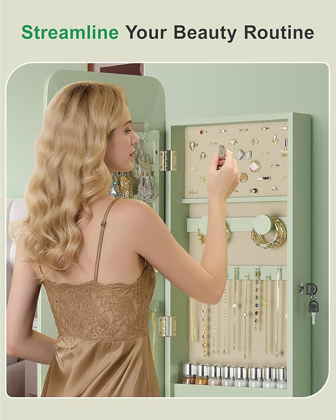 Nicetree Mirror Jewelry Cabinet, Rounded Jewelry Armoire Organizer, Wall or Door Mounted Jewelry Organizer with Storage, Lockable Wide Mirror with Jewelry Storage, Green