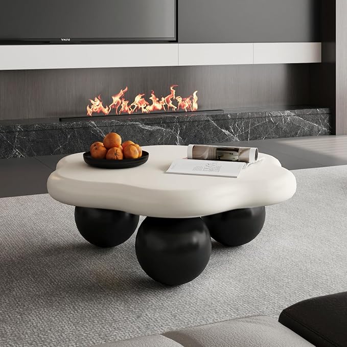 35.03" Cloud Coffee Table for Living Room Unique Coffee Table Modern Low Coffee Tables Cute Center Table with 3 Ball Legs for Small Space Apartment Cream Flower-White & Black