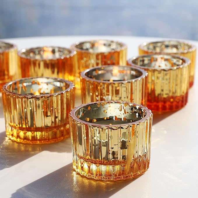 VOHO Gold Candle Holders for Wedding Dinner Party, Tealight Candle Holder Set of 12 for Table Centerpiece, Mercury Glass Candle Holder Gifts for Women (2x1.4 Inch, Mercury Golden)