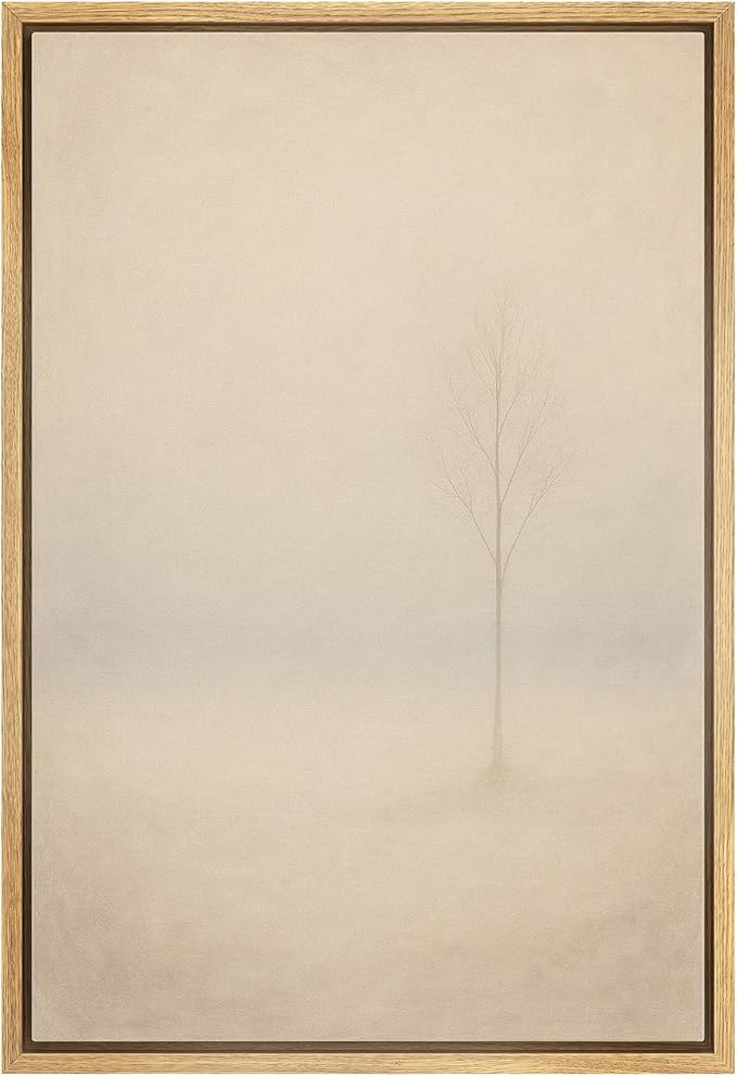 MUDECOR Framed Canvas Print Wall Art Lone Tree in Soft Fog Minimalist Neutral Landscape Illustrations Minimalism Decorative Bohemian Colorful Zen for Living Room, Bedroom, Office - 24"x36" NATURAL