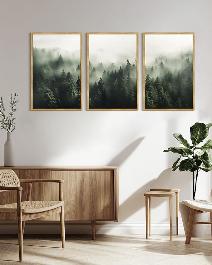 PHOPAGO Green Fog Pine Tree Framed Wall Art Huge 24x36in Nature Misty Nordic Forests Artwork Morden Paints for Living Room Bedroom Decor - Natural Framed