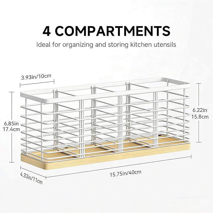 Kitchen Cooking Utensil Holder for Kitchen Counter,4 Large White Compartments with Wooden Base utensil caddy,Rustic Style Utensil Utensil Organizer for Farmhouse Kitchen Countertop