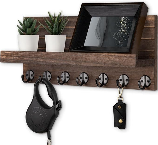 Lwenki Key Holder Wall Mount, Entryway Key and Mail Holder with 7 Sturdy Hooks for Sunglasses, Dog Leash, Decorative Wall Shelf with Mounting Hardware, 15”W x 6.7”H x 4.2”D (Brown)