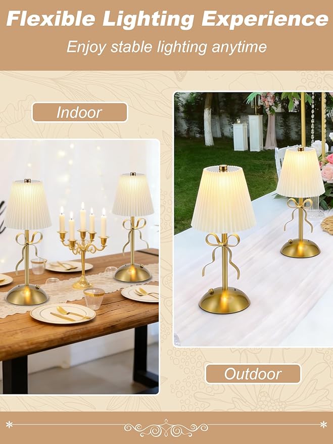 2 Pack Cordless Table Lamp,Small Gold Bow Night Light,LED Rechargeable Reading Lights,3 Color Stepless Dimmable Touch Control Bedside Lamp,Bedroom Living Room Bar Desk Lamp Home Decor Ambient Lighting