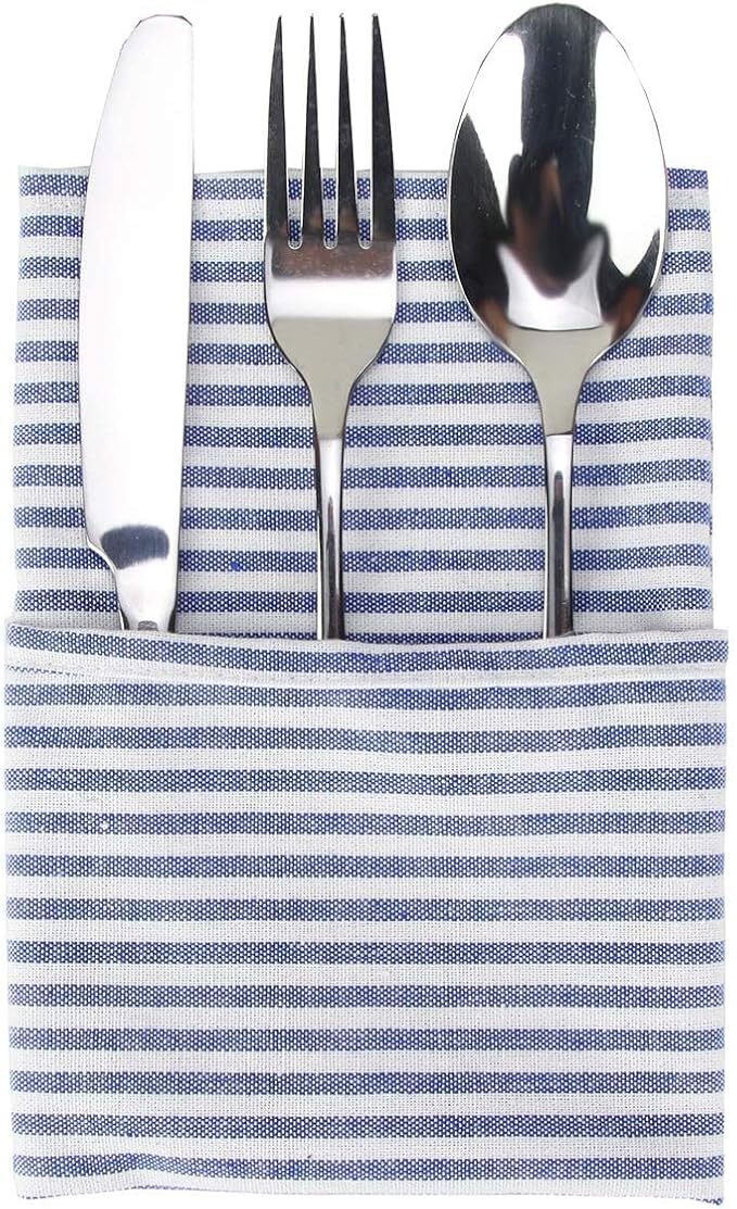 Plain Striped Cotton Linen Blended Dinner Cloth Napkins - Set of 12 (40 x 30 cm) - for Events & Home Use (Blue)