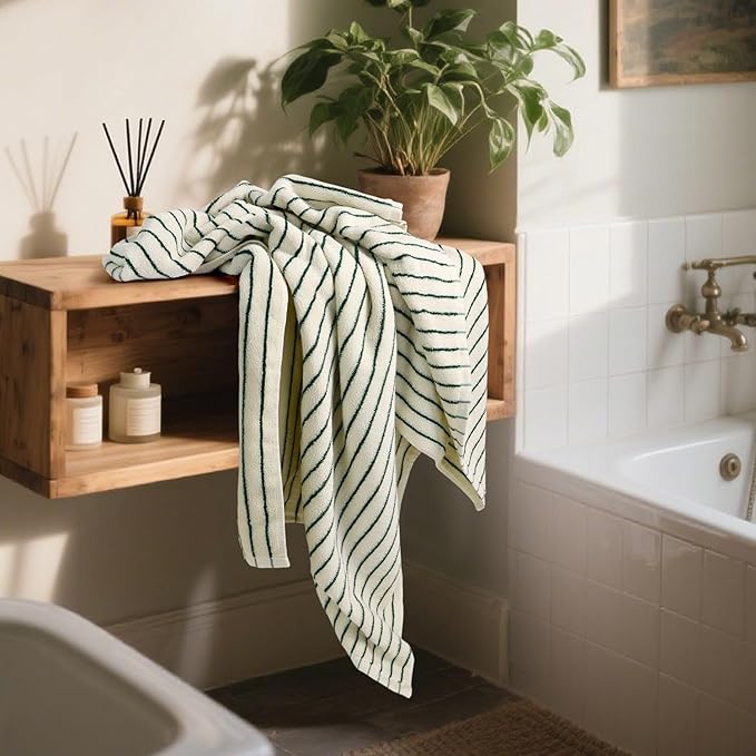 Jacquotha Green Striped Bath Towels Set of 2, Lighter & Quick Dry Towels Large 27.5 x 55 inches, Farmhouse for Bathroom Decor, Shower, Pool Days