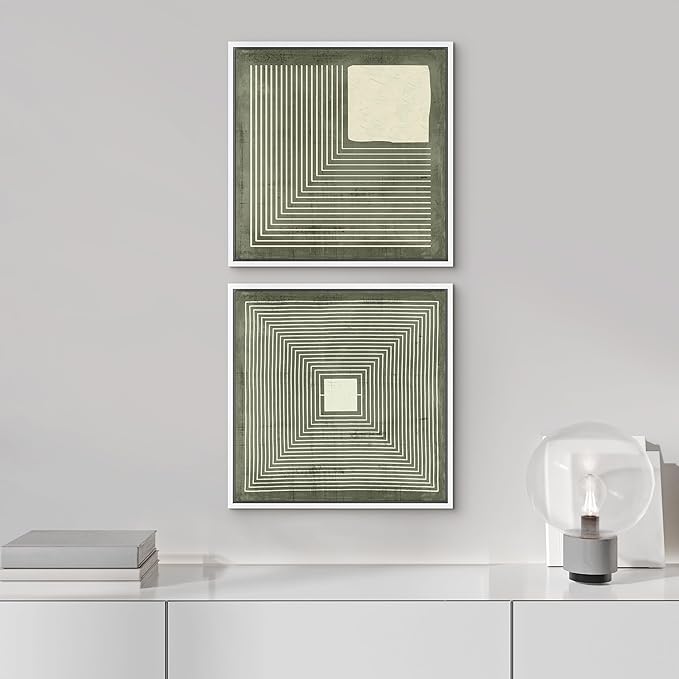 SIGNFORD Framed Canvas Print Wall Art Set Geometric Lines and Square in Green and White Illustrations Modern Art Minimal Relax/Calm for Living Room, Bedroom, Office - 24"x24"x2 White