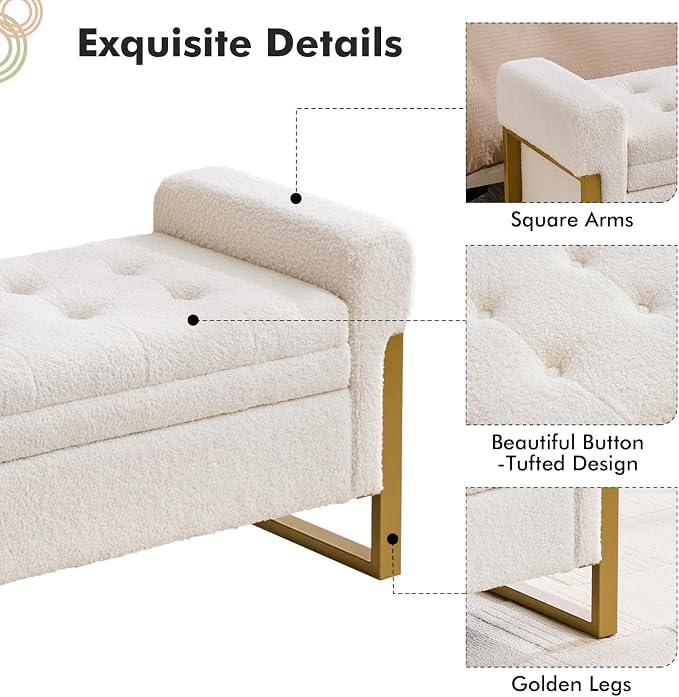 67" End of Bed Storage Bench King Size, Bench for Bedroom Foot of Bed, Upholstered Teddy Storage Ottoman with Gold Legs for Window Living Room, Teddy White