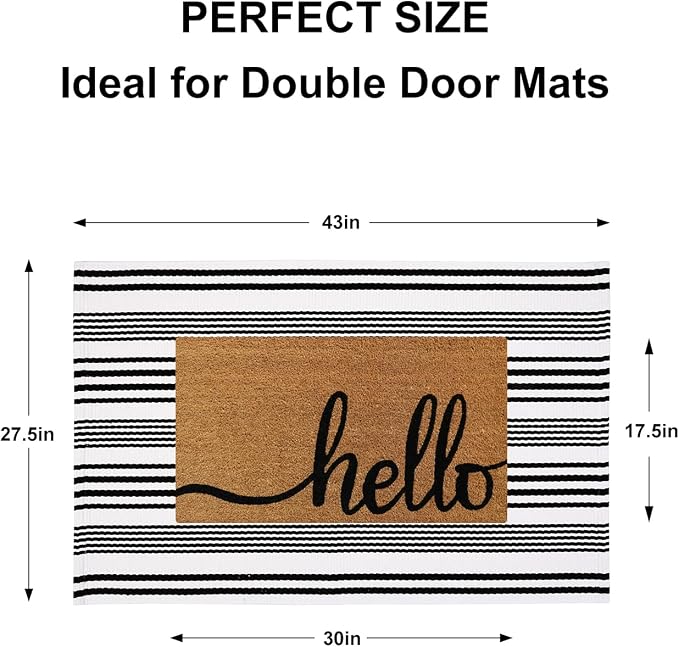 Black and White Striped Rug 2.3'x3.6', Reversible Outdoor Front Door Rug Hand Woven Washable Welcome Mat, Layered Doormat for Entryway Porch Decor Home Entrance