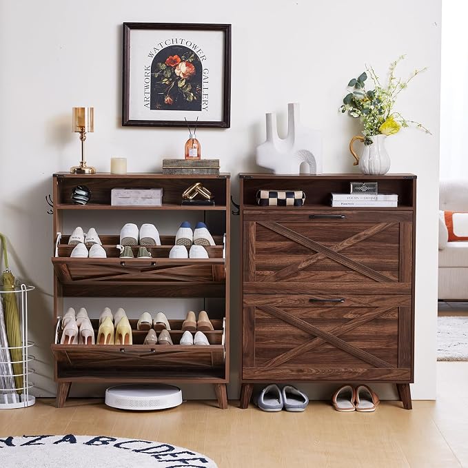 Joaxswe Shoe Cabinet Storage for Entryway with 2 Flip Drawers 2 Hook Open Storage Layer Rack Narrow Organizer Slim Hidden Wood Shoe Cabinet Furniture Walnut