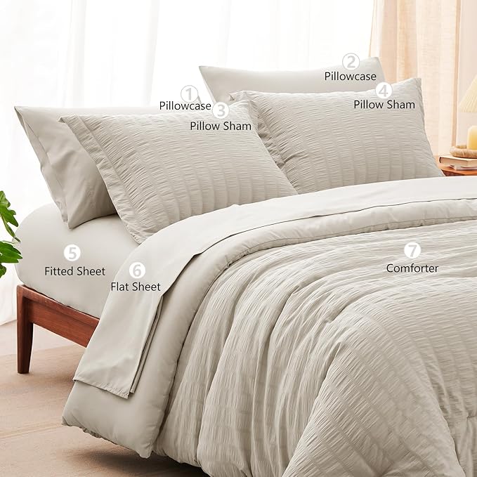 CozyLux King Size Comforter Set Beige Seersucker 7 Pieces Bed in a Bag King Comforter Set with Sheets, Luxury Soft Bedding Set with Down Alternative Comforter, Sheets, Pillowcases & Shams All Seasons