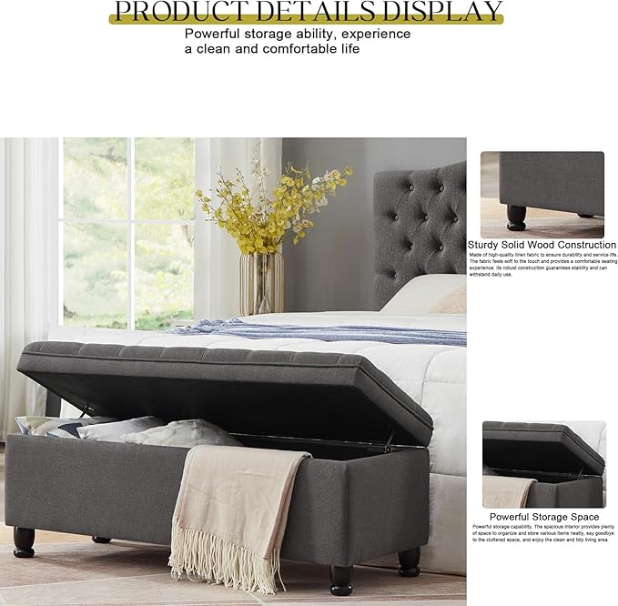 Upholstered Tufted Button Storage Bedroom Bench,Classic Linen Fabric Storage Ottoman Bench for End of Bed with Solid Wood Leg,Living Room,Entryway,Dark Gray