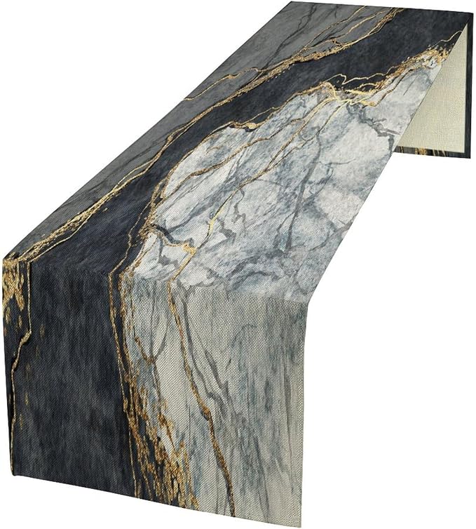 Marble Table Runner,Gold Glitter Gray Black Stone Marble Tie Dye Fluid Abstract Art Pattern Table Runner for Coffee Table Dining Room Table Bedroom Party Holiday Decor 13x72inch