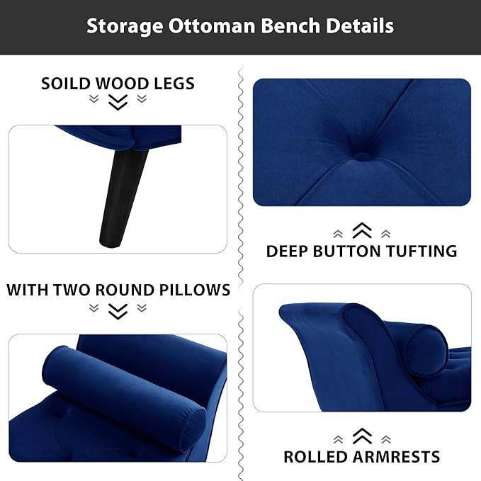 65" Velvet Storage Bench, Vintage Bed Bench with Storage Upholstered Rolled Armed Button Tufted Entryway Bench for Bedroom End of Bed, Living Room, Entryway, Hallway, Dressing Room (Navy)
