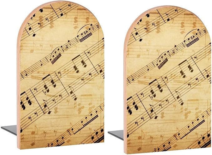 Retro Piano Music Score Book Ends Decorative Wood Bookends for Shelves Kids Room Desk Home Office Book Stoppers for Magazines,Books, DVDs, 1 Pair/2 Pieces(5x3.1 in)