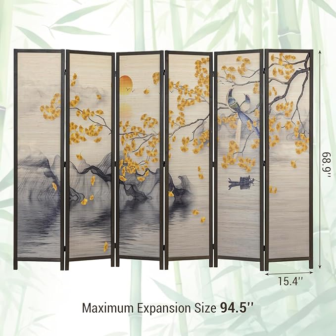 MyGift 6-Panel Large Bamboo Room Divider with Dual-Sided Asian Birds and Gingko Tree Sunset Print, Freestanding Privacy Screen with Brown Solid Wood Frame