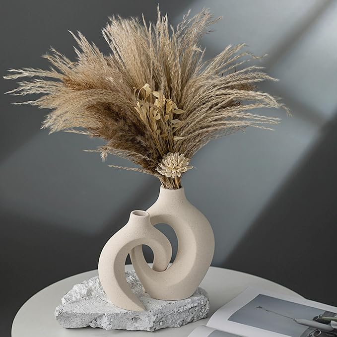 Snuggle Hollow Ceramic Donut Vase Set of 2 for Coffee Table Decor, Decorative Vases for Boho Modern Table Centerpieces Home Living Room Entryway Table Shelves Decoration, Beige, 6.3" W x 8.4" H