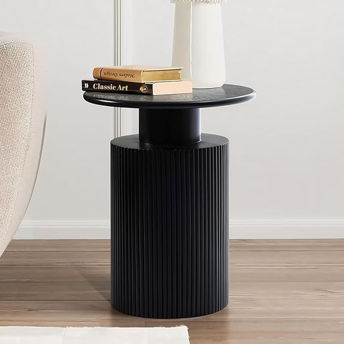 LuxenHome 21" Black Round Side Table, Fluted Black Side Table for Small Spaces, Modern Accent Round End Table for Living Room, Bedroom, Office