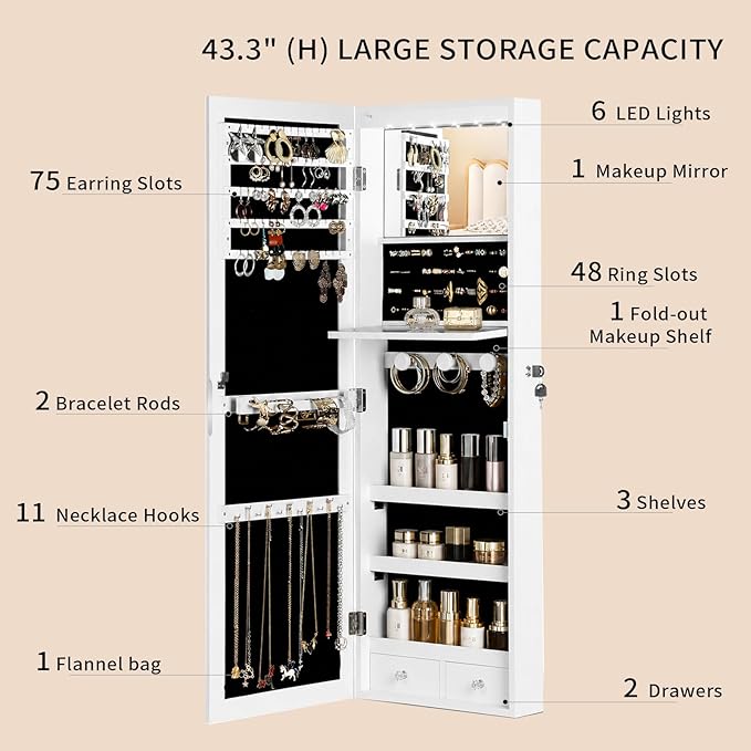 Over the Door Jewelry Organizer, Wall Mounted Jewelry Cabinet, Hanging Mirror with Storage Box, Wall/Door Mounted Full Length Mirror with LED