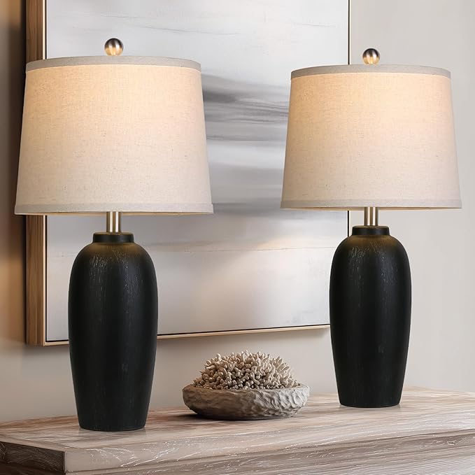Jar Table Lamps Set of 2, 25" Ceramic Bedside Lamps for Living Room, Black Farmhouse Nightstand Lamps for Bedroom
