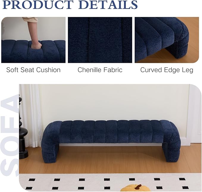 Chifee & Vingol 69.7" W Modern Living Room Bench Upholstered Bedroom Benches End of Bed Bench for Entryway, Dining Room and Living Room,Navy
